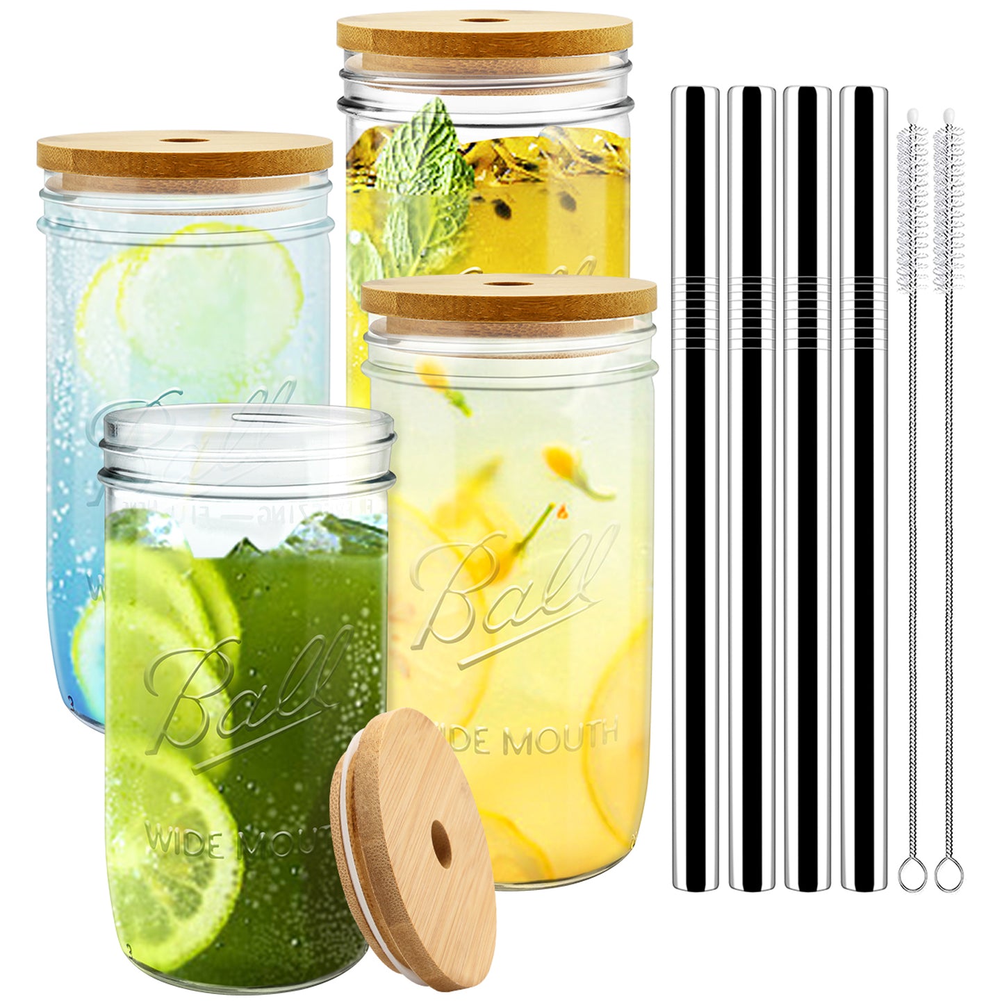 MOVNO 4 Pack Mason Jar with Lid and Straw, 24oz