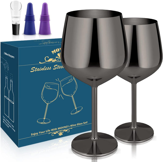 Stainless Steel Wine Glass Set of 2, 18oz Black Wine Glass, Unbreakable Metal Wine Glasses with Wine Stoppers and Pourer, Stemmed Wine Goblet Perfect Gifts for Travel Outdoor Party