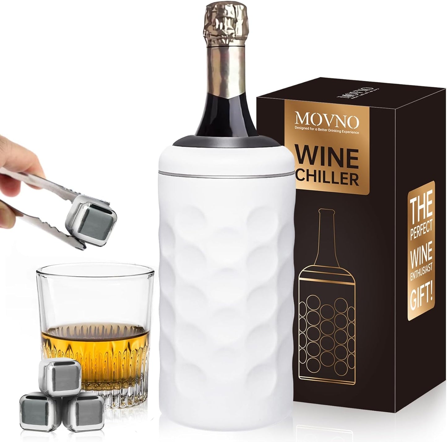 Wine Chiller Bucket with Stainless Steel Ice Cubes, Portable 750ml Wine Bottle Chiller Keep Beverages Cold, Wine Bottle Cooler Vacuum Insulated Wine Gifts for Women - White