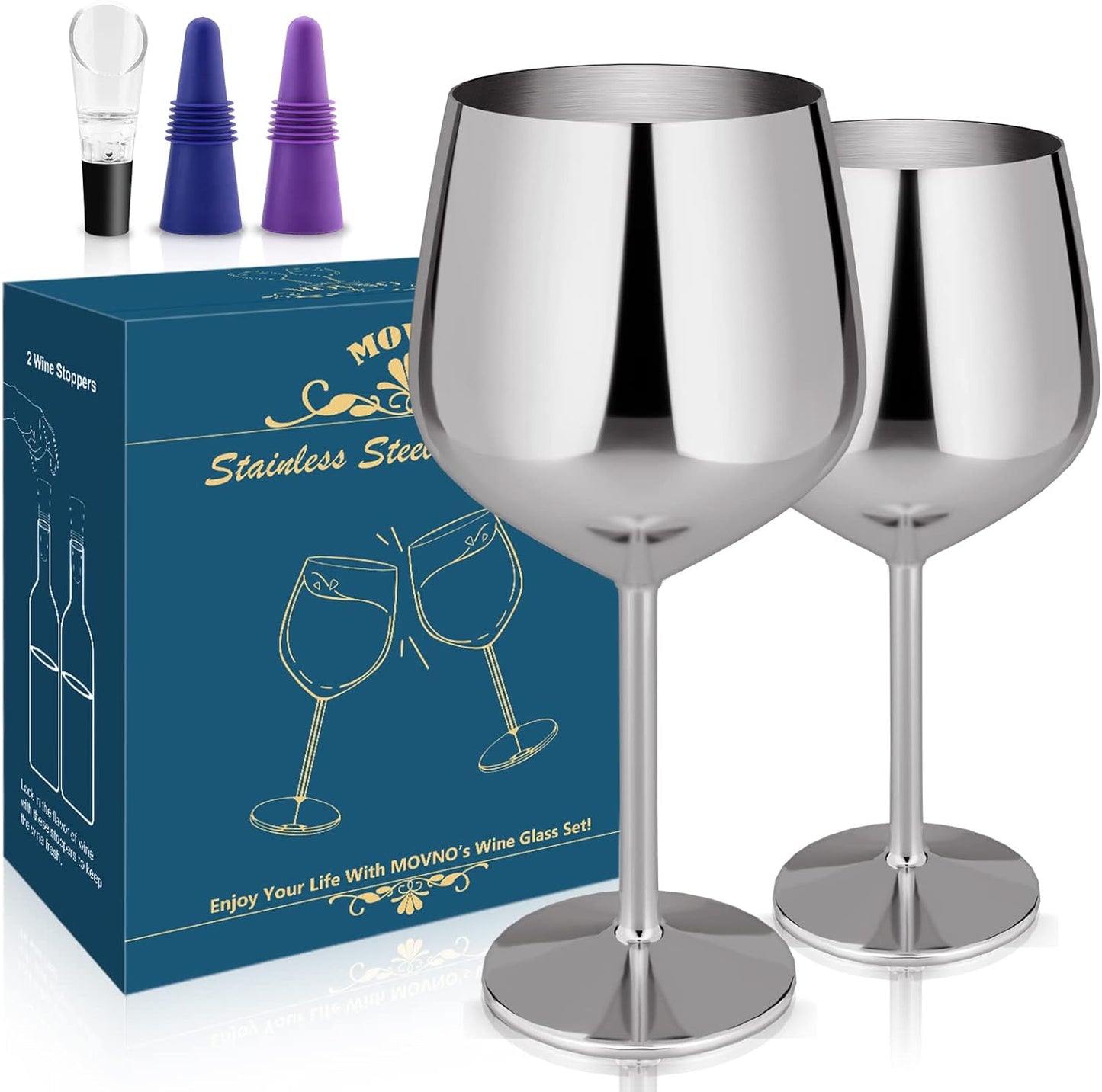 Stainless Steel Wine Glass Set of 2, 18oz Silver Wine Glass, Unbreakable Metal Wine Glasses with Wine Stoppers and Pourer, Stemmed Wine Goblet Perfect Gifts for Travel Outdoor Party