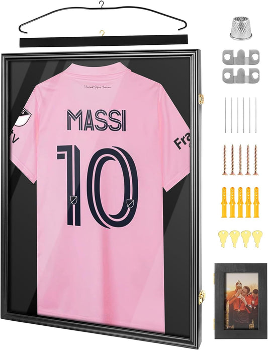 MOVNOGIFT Jersey Display Frame Case, Lockable Large Shadow Box with Small Frame for Sport Jersey with 98% UV Protection Acrylic and 2 Hanger for Football Basketball Baseball Soccer Hockey Shirt, Black