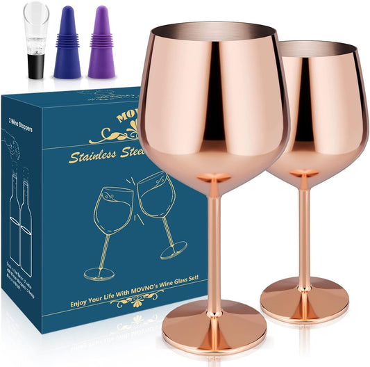 Stainless Steel Wine Glass Set of 2, 18oz Rose Gold Wine Glass, Unbreakable Metal Wine Glasses with Wine Stoppers and Pourer, Stemmed Wine Goblet Perfect Gifts for Travel Outdoor Party