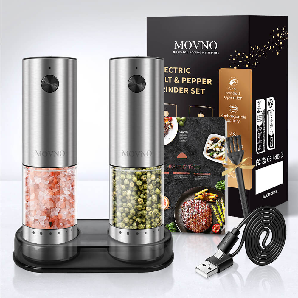 MOVNO Electric Salt & Pepper Grinder Set with Storage Base (Silver)