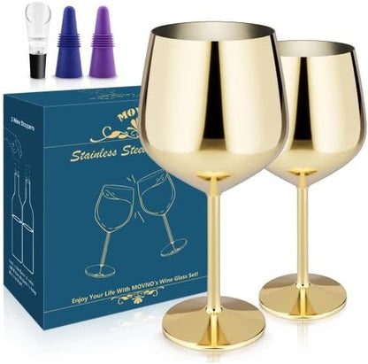 Stainless Steel Wine Glass Set of 2, 18oz Gold Wine Glass, Unbreakable Metal Wine Glasses with Wine Stoppers and Pourer, Stemmed Wine Goblet Perfect Gifts for Travel Outdoor Party