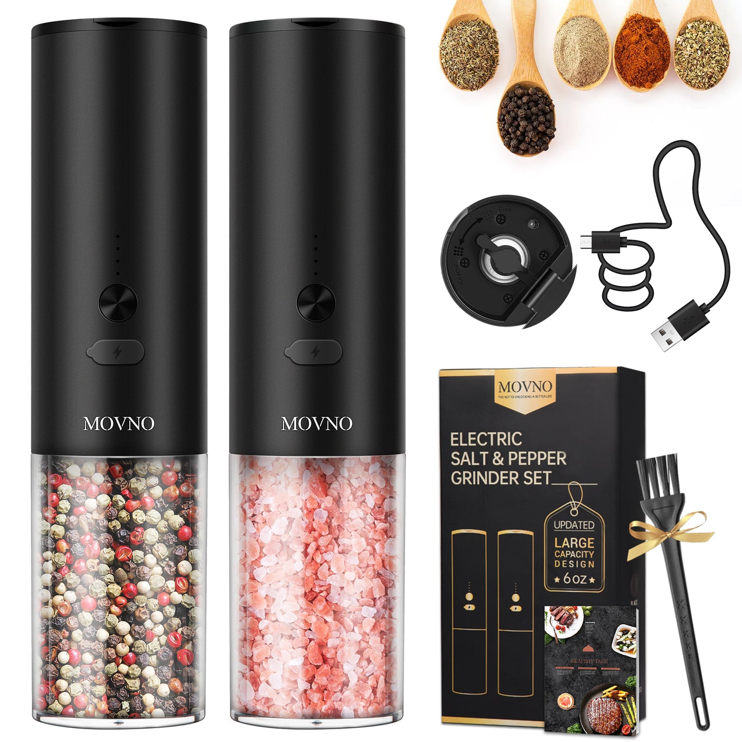 MOVNO Electric Salt and Pepper Grinder Set USB Rechargeable with Adjustable Coarseness & LED Light, Automatic Electric Salt and Pepper Shakers Set, Refillable Pepper Mill Grinder