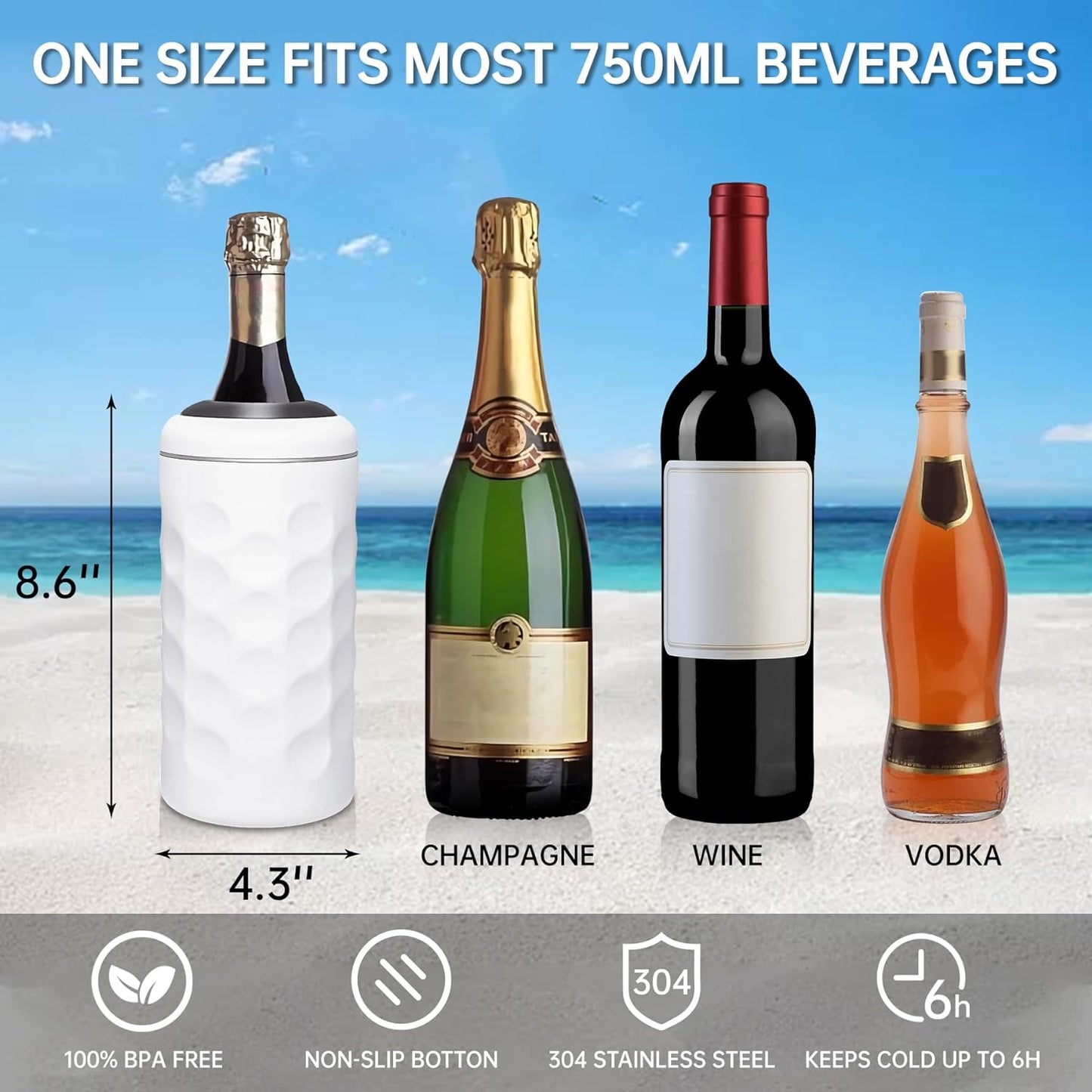 Wine Chiller Bucket with Stainless Steel Ice Cubes, Portable 750ml Wine Bottle Chiller Keep Beverages Cold, Wine Bottle Cooler Vacuum Insulated Wine Gifts for Women - White