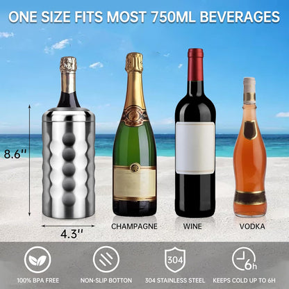 Wine Chiller Bucket with Stainless Steel Ice Cubes, Portable 750ml Wine Bottle Chiller Keep Beverages Cold, Wine Bottle Cooler Vacuum Insulated Wine Gifts for Women - Stainless Steel