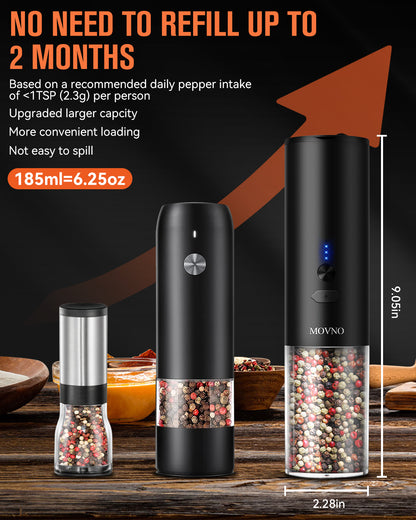 MOVNO Electric Salt and Pepper Grinder Set USB Rechargeable with Adjustable Coarseness & LED Light, Automatic Electric Salt and Pepper Shakers Set, Refillable Pepper Mill Grinder