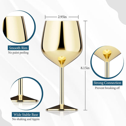 Stainless Steel Wine Glass Set of 2, 18oz Gold Wine Glass, Unbreakable Metal Wine Glasses with Wine Stoppers and Pourer, Stemmed Wine Goblet Perfect Gifts for Travel Outdoor Party