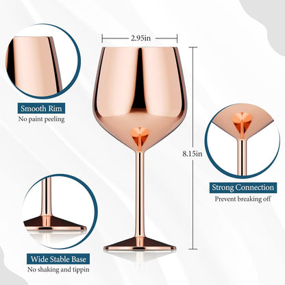 Stainless Steel Wine Glass Set of 2, 18oz Rose Gold Wine Glass, Unbreakable Metal Wine Glasses with Wine Stoppers and Pourer, Stemmed Wine Goblet Perfect Gifts for Travel Outdoor Party