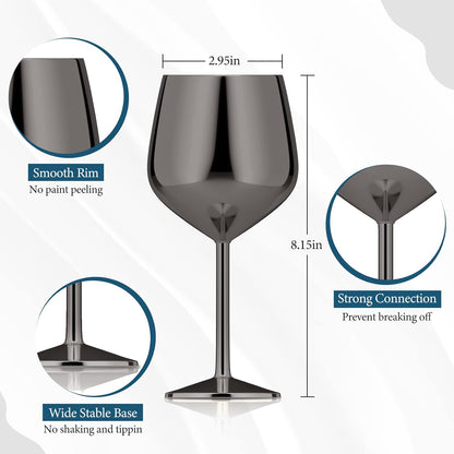 Stainless Steel Wine Glass Set of 2, 18oz Black Wine Glass, Unbreakable Metal Wine Glasses with Wine Stoppers and Pourer, Stemmed Wine Goblet Perfect Gifts for Travel Outdoor Party