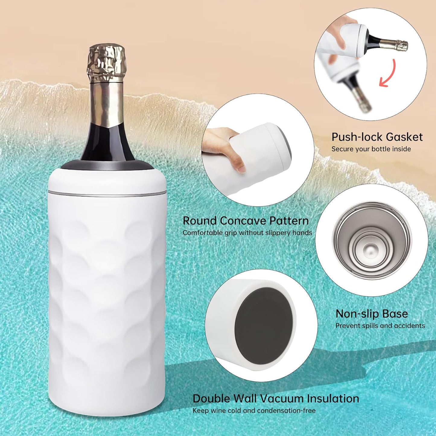 Wine Chiller Bucket with Stainless Steel Ice Cubes, Portable 750ml Wine Bottle Chiller Keep Beverages Cold, Wine Bottle Cooler Vacuum Insulated Wine Gifts for Women - White