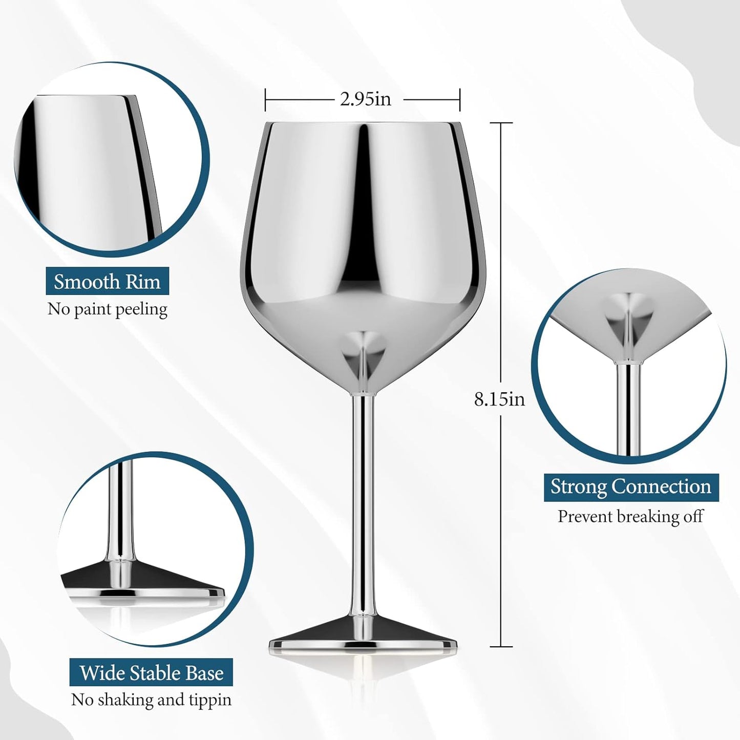 Stainless Steel Wine Glass Set of 2, 18oz Silver Wine Glass, Unbreakable Metal Wine Glasses with Wine Stoppers and Pourer, Stemmed Wine Goblet Perfect Gifts for Travel Outdoor Party