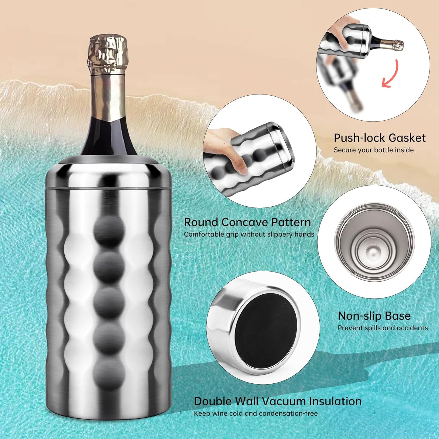 Wine Chiller Bucket with Stainless Steel Ice Cubes, Portable 750ml Wine Bottle Chiller Keep Beverages Cold, Wine Bottle Cooler Vacuum Insulated Wine Gifts for Women - Stainless Steel