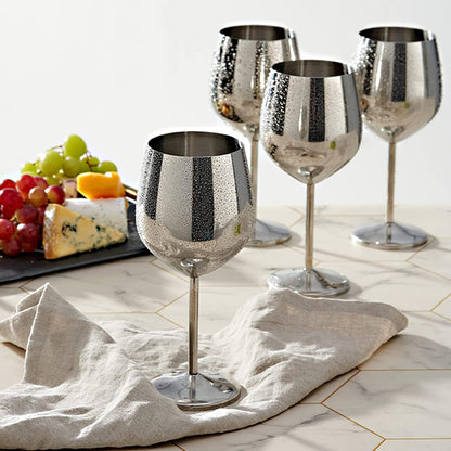 Stainless Steel Wine Glass Set of 2, 18oz Silver Wine Glass, Unbreakable Metal Wine Glasses with Wine Stoppers and Pourer, Stemmed Wine Goblet Perfect Gifts for Travel Outdoor Party