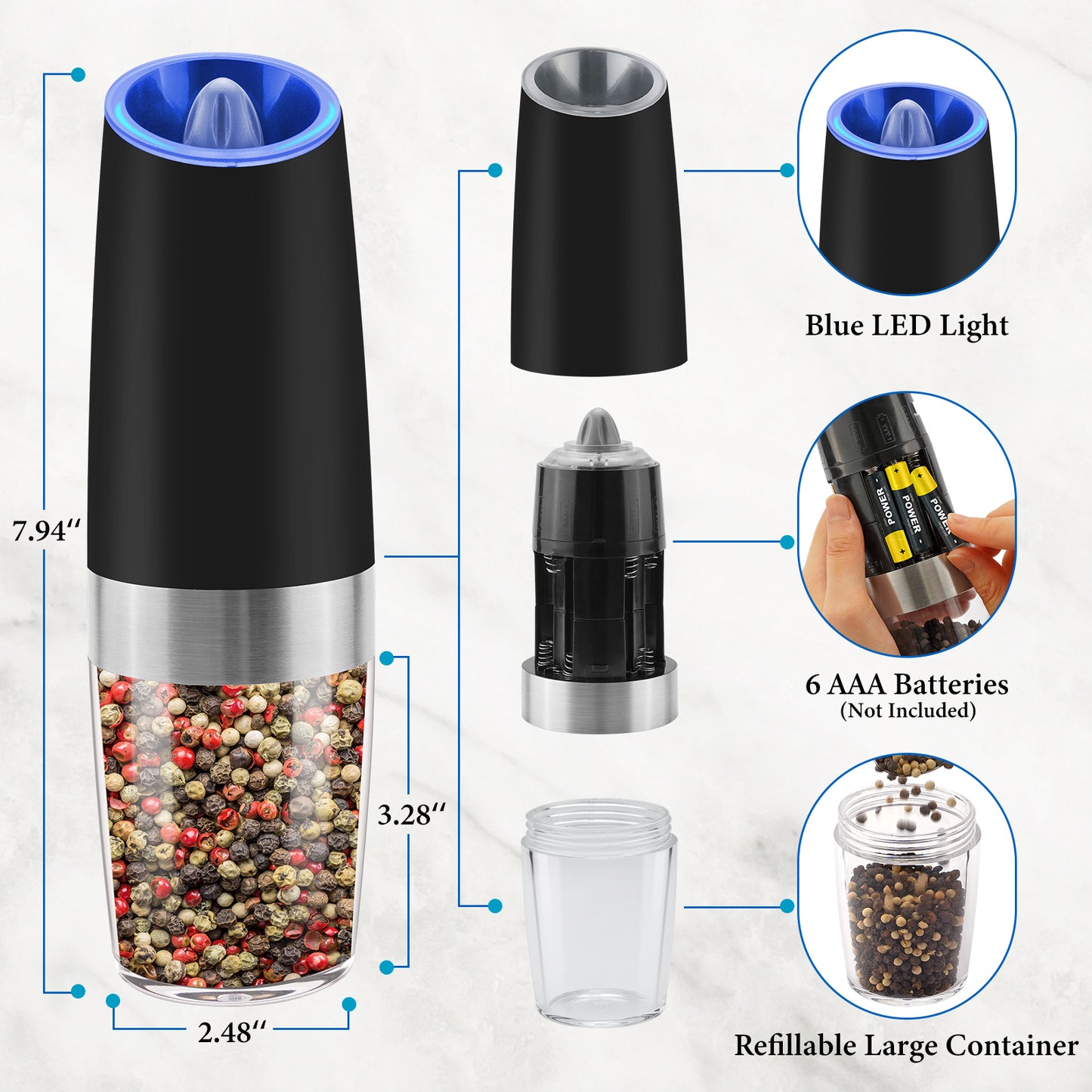 MOVNO Electric Salt & Pepper Grinder Set (Black)