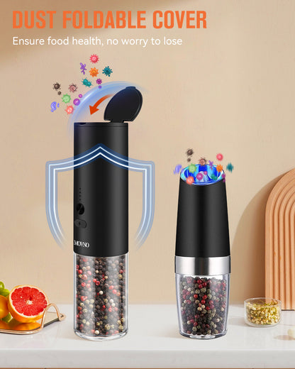 MOVNO Electric Salt and Pepper Grinder Set USB Rechargeable with Adjustable Coarseness & LED Light, Automatic Electric Salt and Pepper Shakers Set, Refillable Pepper Mill Grinder