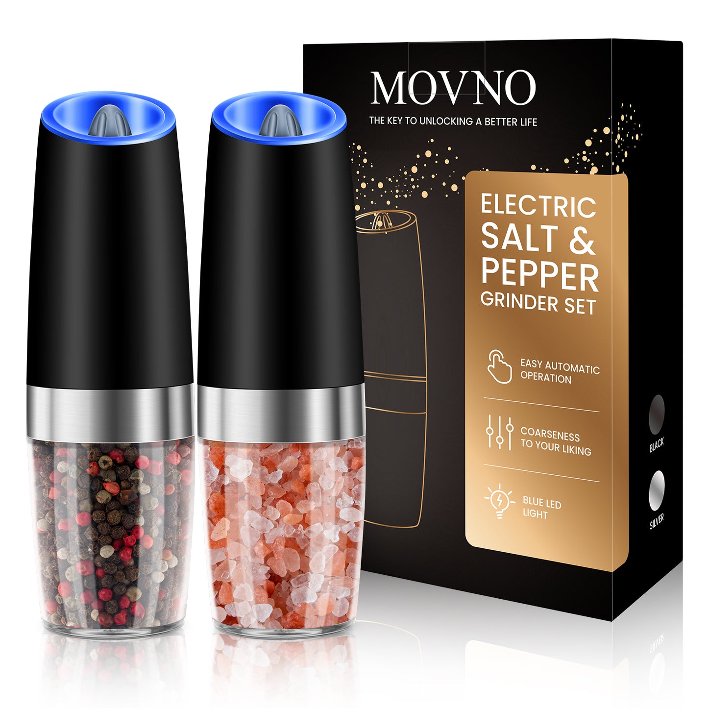 Gravity Salt and Pepper Mill with Adjustable Coarseness Automatic Pepper  and Salt Grinder Battery Powered with Blue LED Light,One Hand